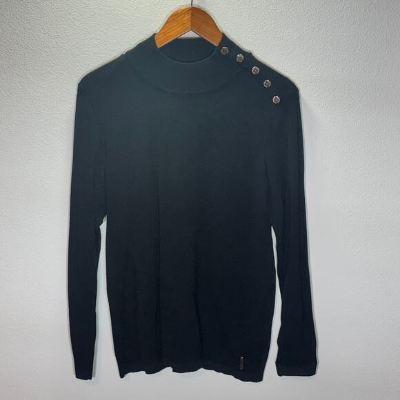 Calvin Klein Black Mock Neck Sweater Gold Button Shoulder Women’s M Pullover - Picture 2 of 8